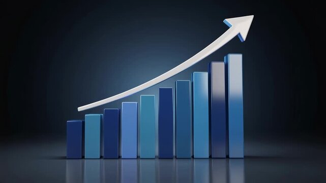 3D blue bar chart with upward arrow showing business growth and financial success concept