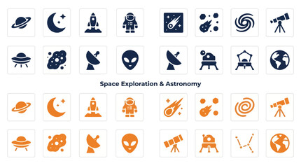 Set of space exploration and astronomy icons, including celestial bodies, spacecraft, and cosmic phenomena. © ABDUS