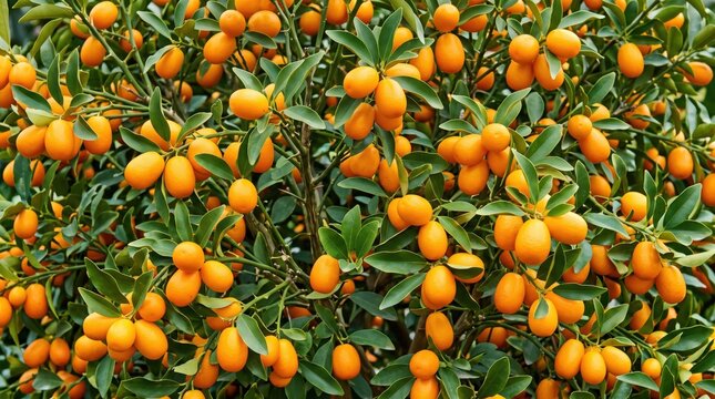 Dense kumquat tree branches heavily laden with numerous small, oval, bright orange fruits and vibrant green leaves, close-up view of a bountiful harvest in an orchard setting