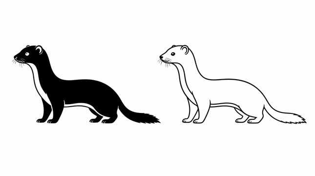 Weasel silhouette and line art set, minimalist animal vector