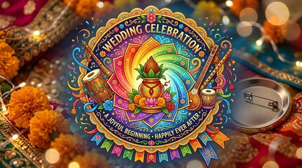 Obraz premium Vibrant indian wedding celebration graphic featuring a traditional kalash pot surrounded by musical instruments and colorful floral patterns set against a festive background 
