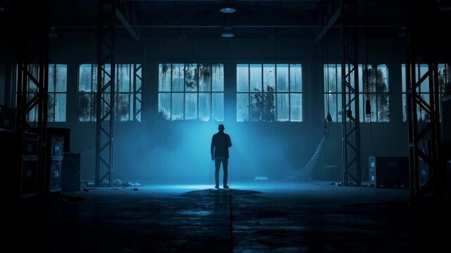Mysterious silhouette of a person standing in a dark abandoned warehouse with blue light and fog