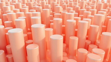 Fototapeta premium Abstract rendering shows numerous cylindrical forms varying height. Soft pink hues dominate composition, creating textured visual effect.
