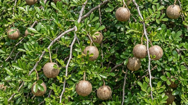 Wood apple fruits hanging from the thorny branches of a limonia acidissima tree, surrounded by dense green pinnate leaves in a natural outdoor orchard setting during the daytime