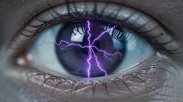 Close up of human eye with purple electric lightning effect futuristic energy concept