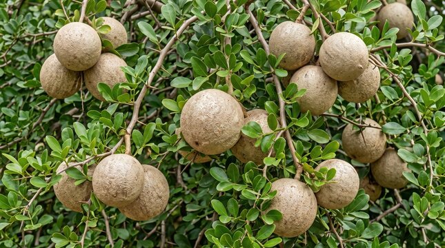 Wood apple fruits hanging on a tree branch, clusters of round, beige, textured fruit surrounded by small, vibrant green leaves in a natural outdoor setting, limonia acidissima tree