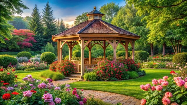 Under a canopy of lush greenery and vibrant flowers a majestic cedar gazebo stands serenely in a tranquil backyard garden amidst an expansive park sur