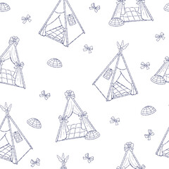 Sensory Kids Tent Seamless Pattern. Vector Outline Illustration. Kids Teepee and Pop Up Play Castle on White Repeating Background. Calming Den Fabric, Wallpaper and Wrapping Paper Design Template © Ludmila