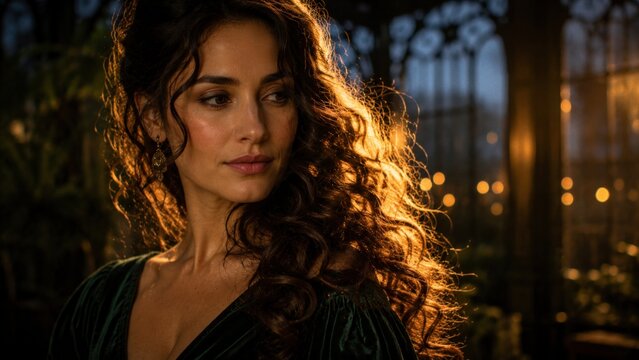 Woman with long curly hair in a dark green dress poses in a beautifully lit greenhouse, surrounded by plants and soft glowing lights, creating an enchanting atmosphere in the background