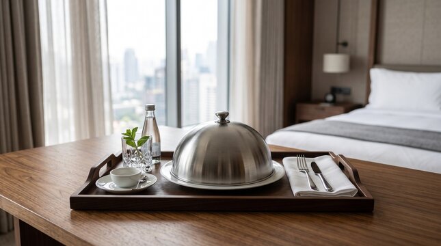 Luxury hotel room service breakfast with covered serving tray on wooden table near window in modern guest room, elegant hospitality concept, premium accommodation, travel vacation, comfort and exclusi