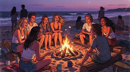 Friends laughing around a beach bonfire at night roasting marshmallows © Fatoni1