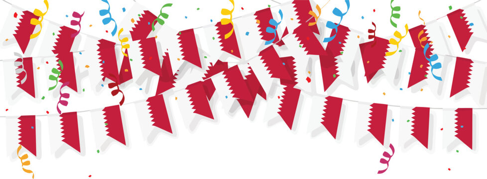 Bunting flags with qatar flag pattern, festive party decoration with confetti and streamers, white background