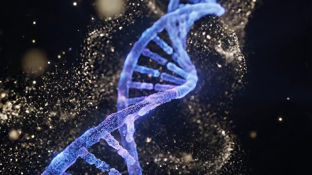 Blue DNA double helix with glowing golden particles on dark background