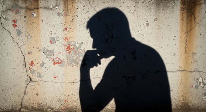 Silhouette of a pensive man thinking against a weathered textured wall.