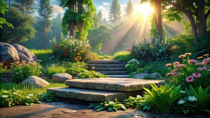 Fototapeta premium Photorealistic nature podium greenery flowers stone platform