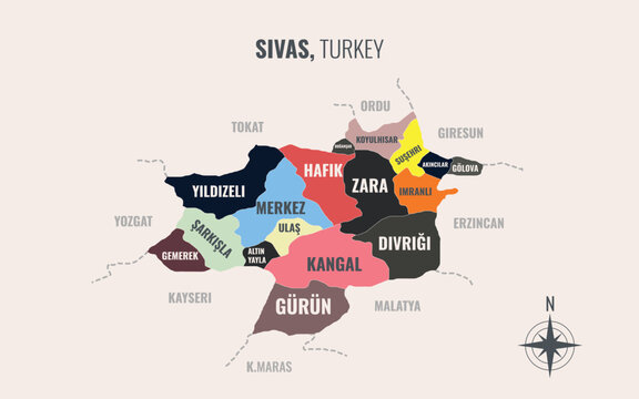 Sivas Turkey Province into District in a minimalist colorful style map showing