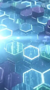 Abstract digital background featuring glowing geometric hexagonal structures with data patterns