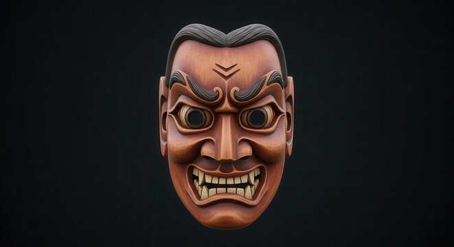 Traditional Japanese Noh Theater Demon Mask on Black Background.