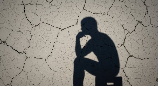 Silhouette of a person deep in thought against a cracked earth background.