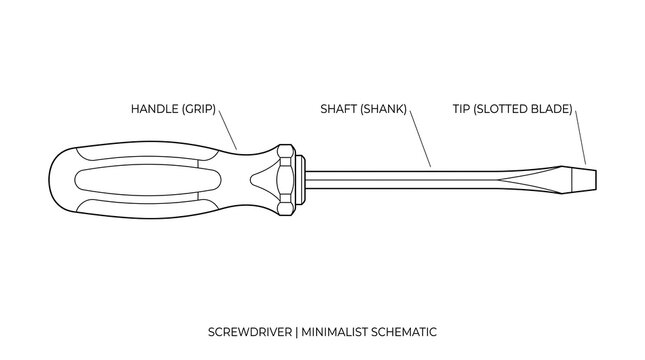 Hand-drawn screwdriver technical diagram with measurements. Vintage tool blueprint sketch for engineering or repair projects.