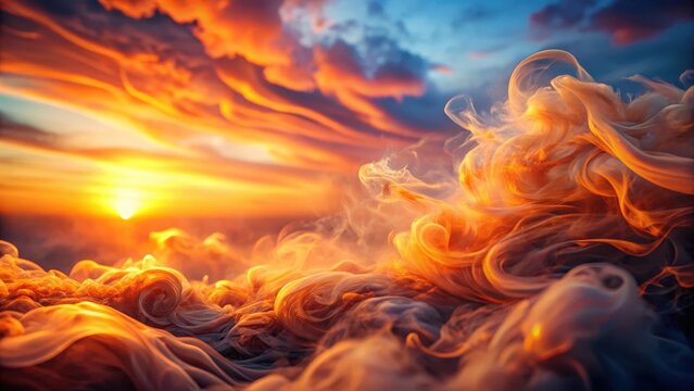 As the warm breeze carried the vibrant essence of sunset abstract orange smoke swirled in the air dancing across the sky with an ethereal dreamlike qu