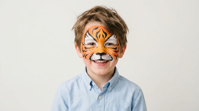 A young boy with brown hair smiles brightly while wearing elaborate tiger face paint against a plain white studio background