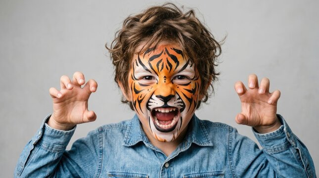 A young boy with tiger face painting makes a playful roaring expression while posing with his hands raised like claws