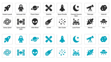 Space exploration and astronomy icons with labels featuring rocket ship astronaut and celestial bodies. © Rimon