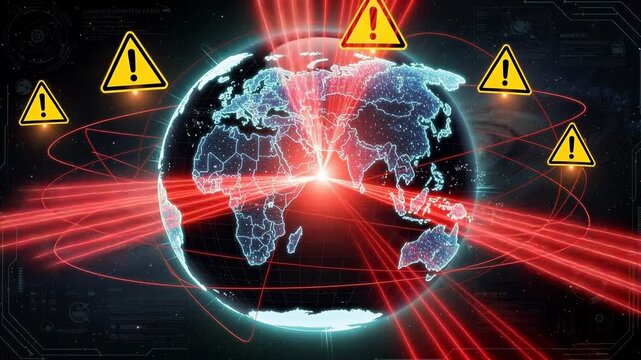 Global cyber attack concept with world map, warning signs, and red laser beams representing digital threats