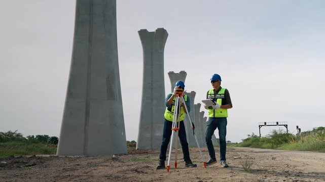 Survey engineer using surveying equipment on a tripod while another engineer reviews project documents beside large concrete bridge columns at a transportation infrastructure project.
