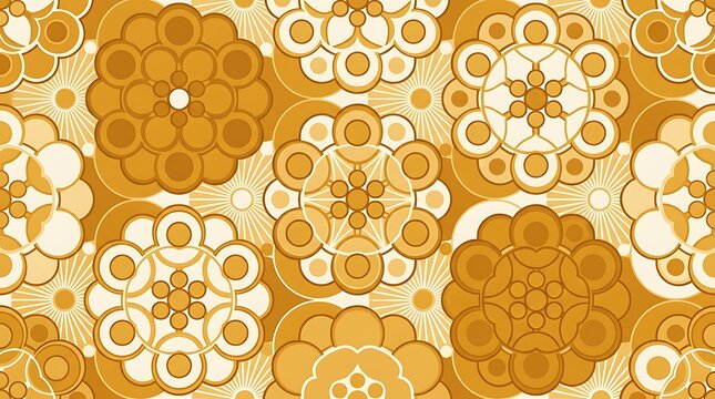 Golden geometric floral seamless pattern with circles and dots
