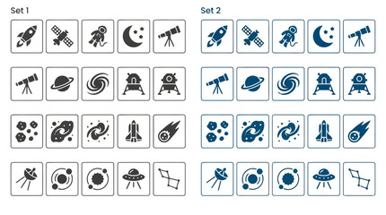 Space and astronomy themed icon sets in dark gray and dark blue. © Rimon