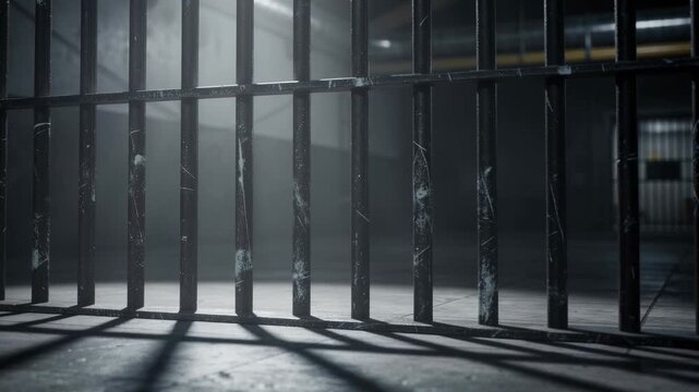 Dimly lit empty prison cell with metal bars casting shadows on concrete floor