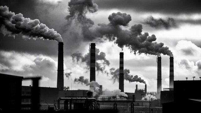 Industrial factory with multiple smokestacks emitting thick smoke into cloudy sky black and white pollution image
