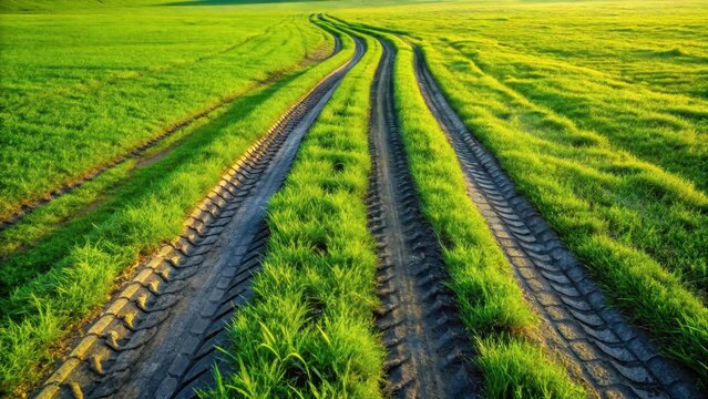 The pristine green grass is marred by the deliberate path of dirty double tire tracks etched into its smooth surface like a dark foreboding scar

 vis
