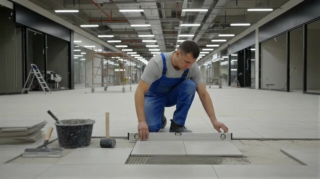Tiler kneeling on floor in shopping mall. Man installing ceramic tile using spirit level. Professional construction worker laying tile in commercial area interior.