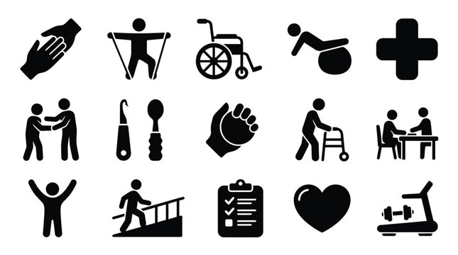 Collection of healthcare and rehabilitation icons representing physical therapy and medical care.