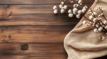 Obraz premium Rustic wood background with cloth and small white cotton flowers