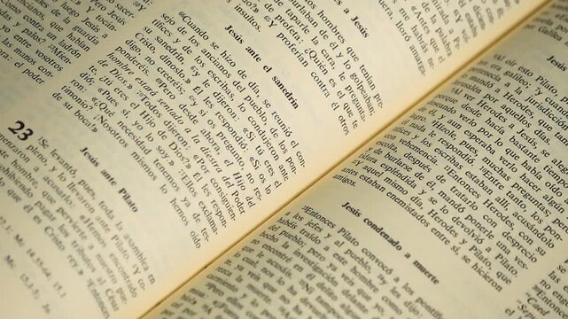 Detail view with selective focus of the pages of a holy bible in spanish