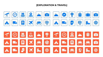 Exploration and travel icon collection with orange and blue square buttons for adventure and tourism themes. © Rimon