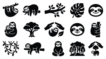 Fototapeta premium Collection of cute sloth icons and illustrations in various poses and activities, perfect for design elements.