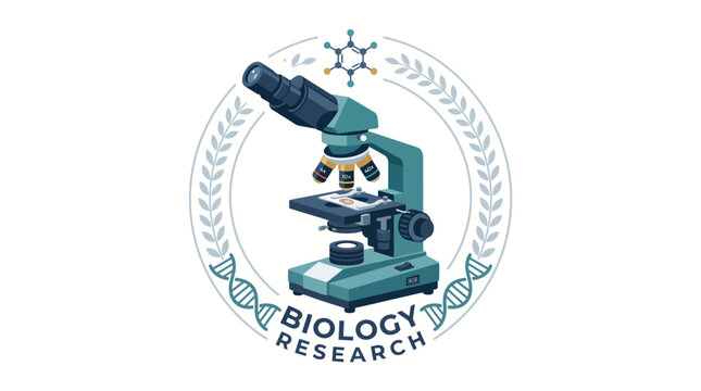 Professional flat vector biology research logo featuring microscope with DNA helix and laurel wreath frame on white background