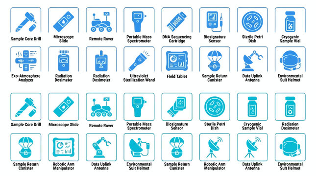 Space exploration and planetary research equipment icons.