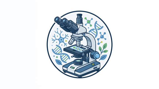 Modern vector illustration of professional laboratory microscope surrounded by DNA strands and molecular biology symbols in circular emblem