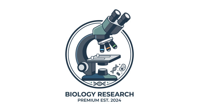 Professional flat vector microscope logo with DNA symbols for biology laboratory research and scientific education branding