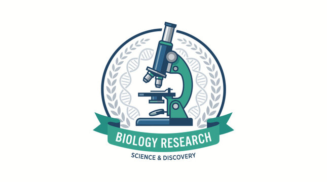 Modern biology research vector logo featuring a professional microscope and DNA helix emblem for science and discovery educational branding