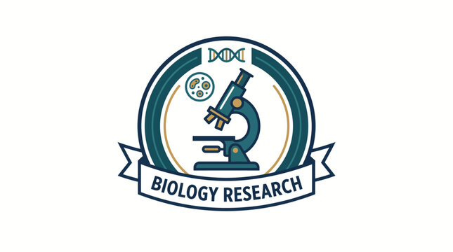 Teal and gold biology research emblem featuring microscope and DNA strand icons on a white background for professional laboratory branding