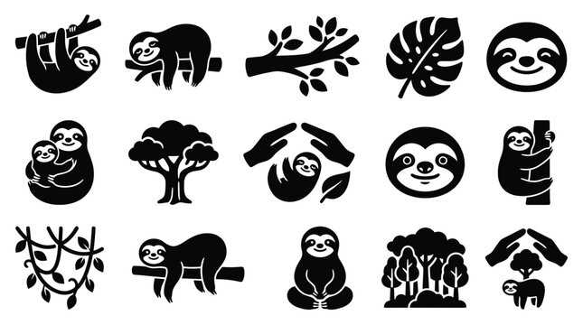Collection of cute sloth icons and illustrations in various poses and activities, perfect for design elements.