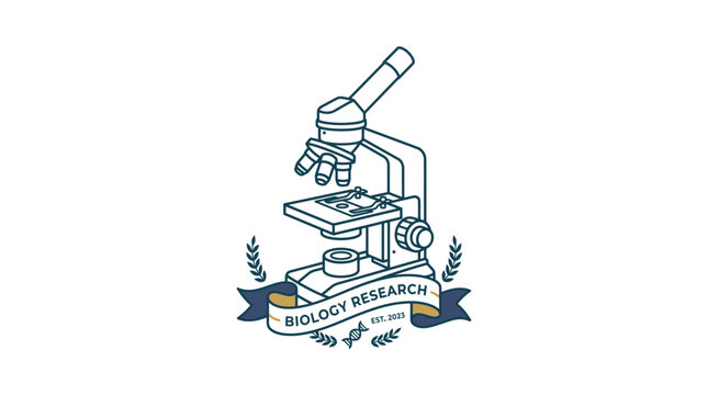 Biology research emblem featuring minimalist microscope line art with laurel wreaths and dna helix on white background