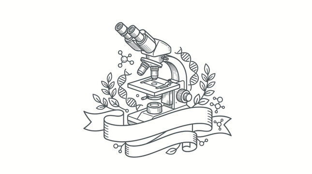 Detailed line art microscope illustration featuring DNA helix molecules and laurel leaves with an empty ribbon banner for scientific research